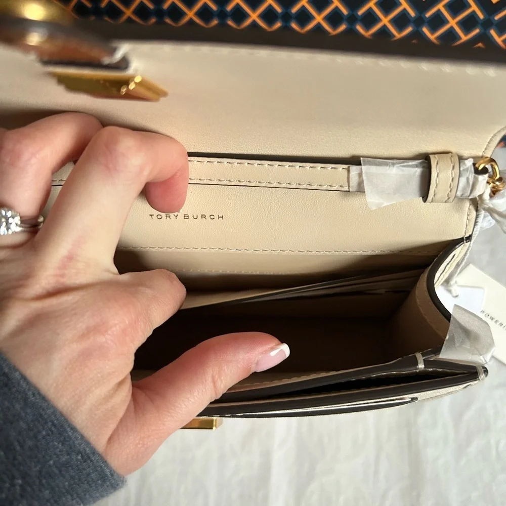 Tory Burch T Monogram Chain Wallet Crossbody Bag Ivory Gold Tan Cream Neutral
